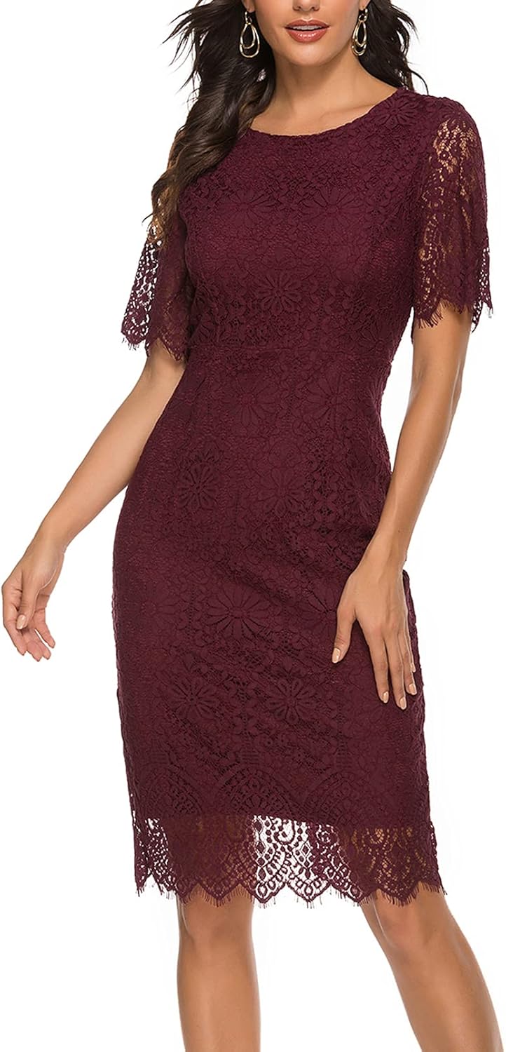MEROKEETY Womens Short Sleeve Lace Floral Cocktail Dress Crew Neck Knee Length for Party