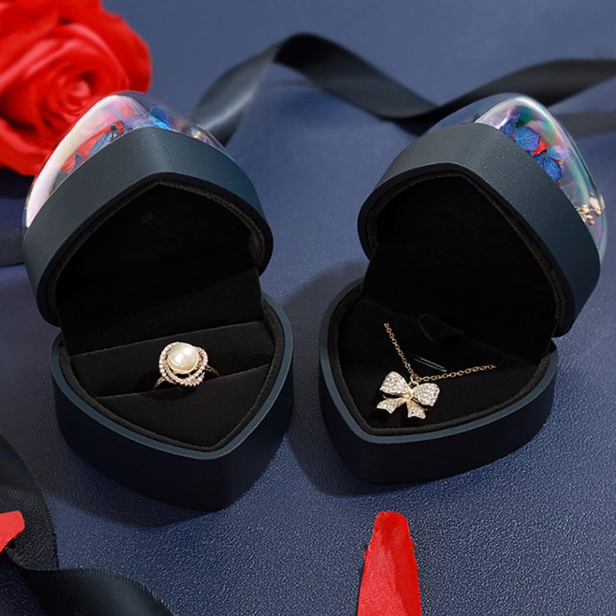 Preserved Flower Rose Pendant Box, Heart Shape Velvet Jewelry Box for Valentines Day Mothers Day Wedding Anniversary Birthday Gift, Dark Blue