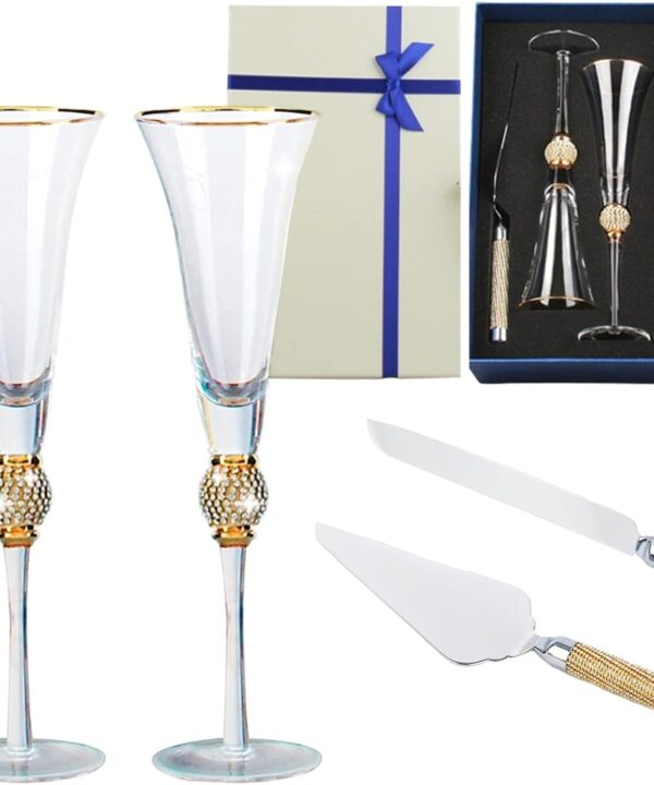 Wedding Toasting Flutes and Cake Server Set of 4,Wedding Champagne Flutes, Gold Weddings Cake Knife and Servering Set, Weddings Reception Supplies Champagne Glasses Cake Knife Pie(Gold)