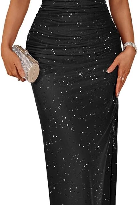 DRESSTELLS Womens Halter Sparkly Formal Maxi Dress Corset Ruched Bodycon Wedding Guest Holiday Dresses 2025