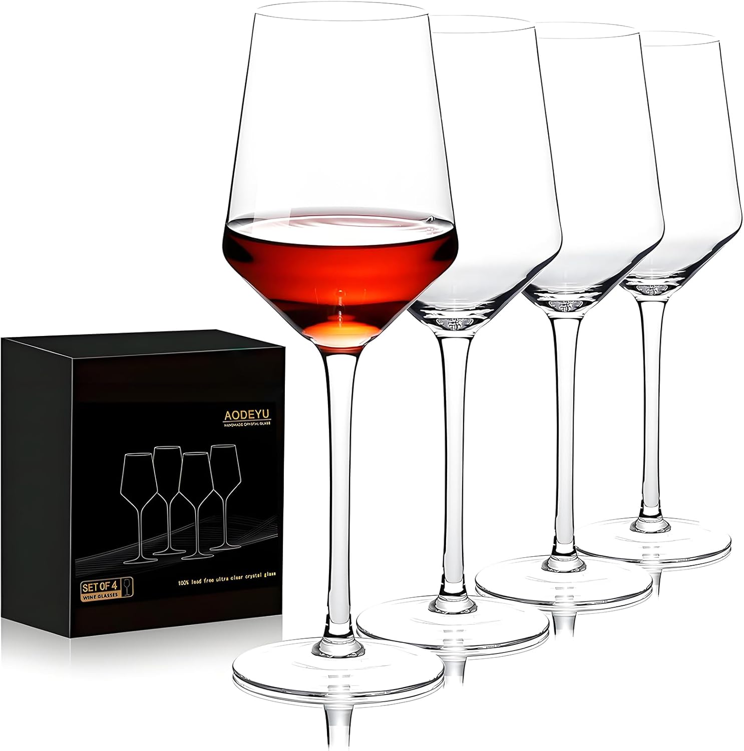 Hand Blown Red Wine Glasses Set of 4 Premium Crystal Wine Glasses With Long Stem 14 oz Daily Use, Unique Wedding Anniversary or Birthday Gift Ideal for Restaurants, Home Bar