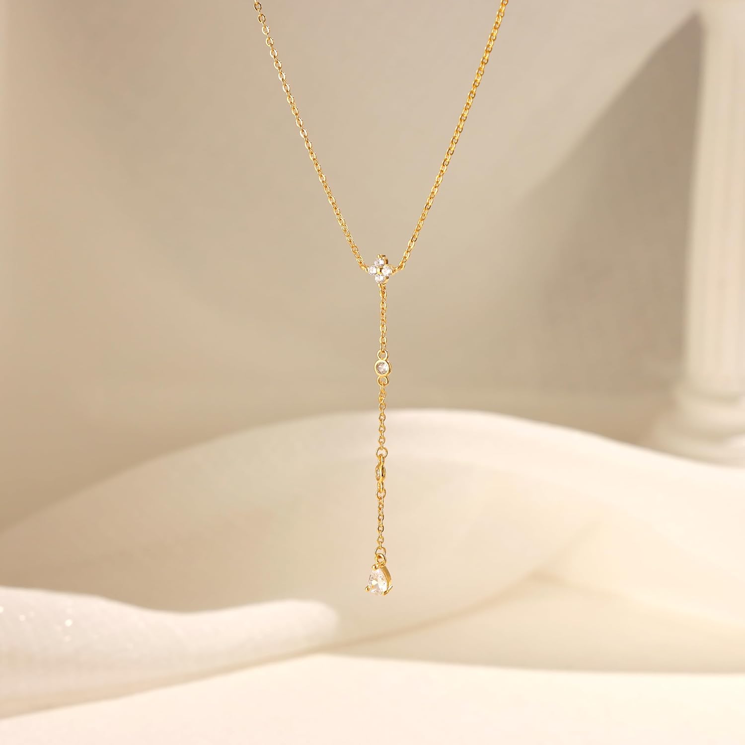 CHESKY Lariat Gold Necklace for Women Trendy, Dainty Long Necklace 14k Gold Plated/Silver Y-Shaped Pendant Necklace Layered CZ Beaded Chain Drop Necklaces Simple Gold Jewelry for Women Gifts