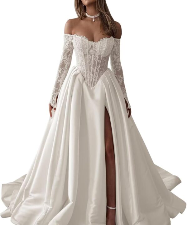 Zeeyecie Off The Shoulder Long Sleeve Satin Wedding Dresses A-Line Beaded Lace Applique Sparkly Bridal Gowns for Brides