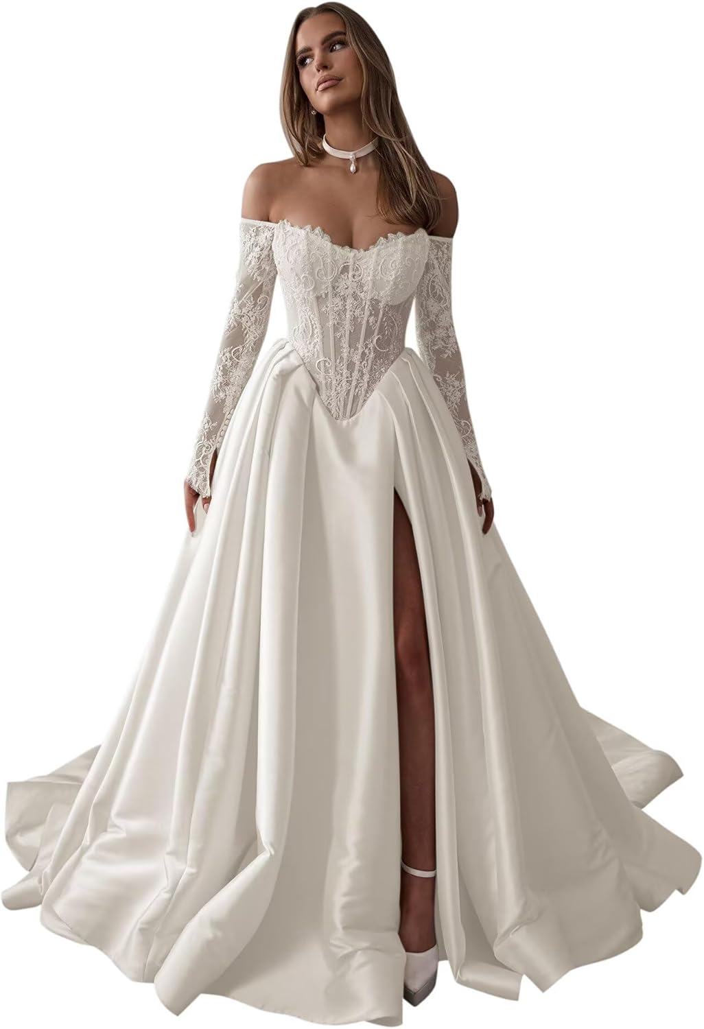 Zeeyecie Off The Shoulder Long Sleeve Satin Wedding Dresses A-Line Beaded Lace Applique Sparkly Bridal Gowns for Brides