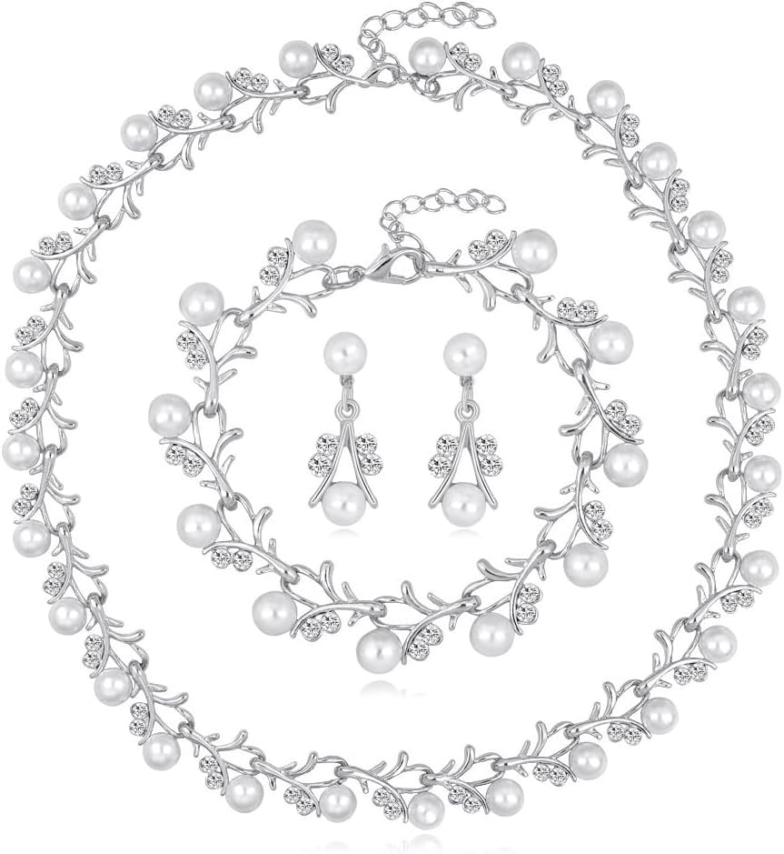 Rrdaily Rhinestone Pearl Wedding Jewelry Set for Bride Bridesmaid Bohemia Adjustable Beaded Crystal Bracelet Necklace Exaggerated Pearl Earring Set for Women