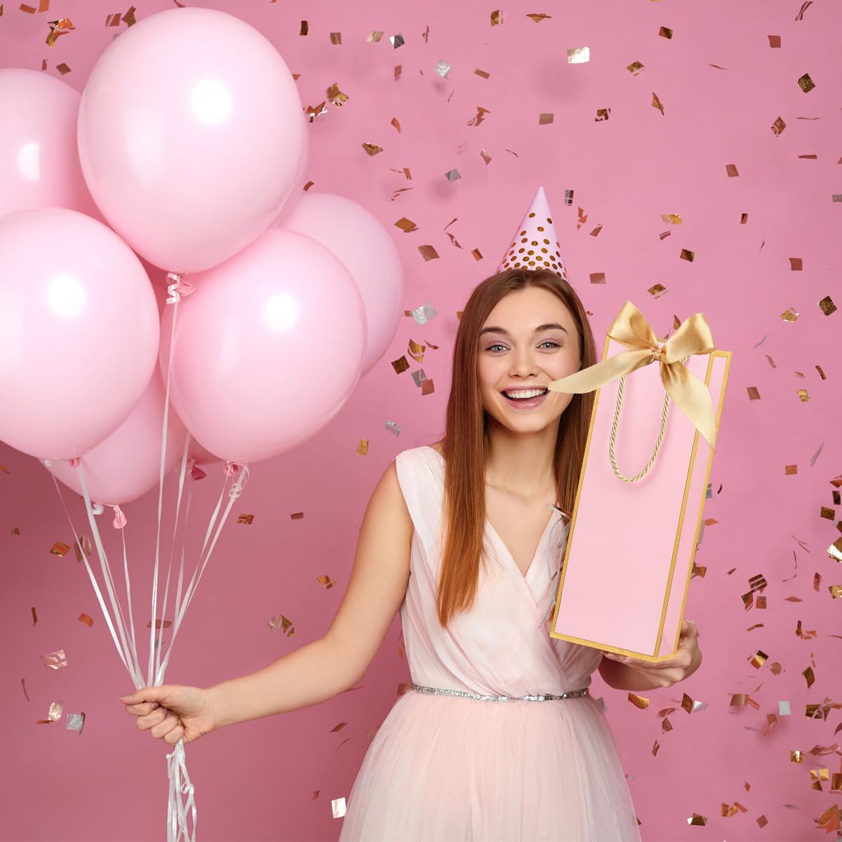 ZJHiome 6 Pack Wine Gift Bags with Tissue Paper Wine Bottle Paper Bags with Bow Ribbon for Wedding Birthday Christmas Retirement Party Supplies (Pink)