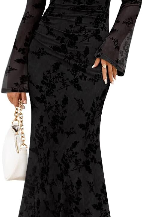 ZESICA Women's Long Sleeve Floral Bodycon Dress 2025 Fall Fashion Ruched Mesh Wedding Guest Cocktail Party Maxi Dresses