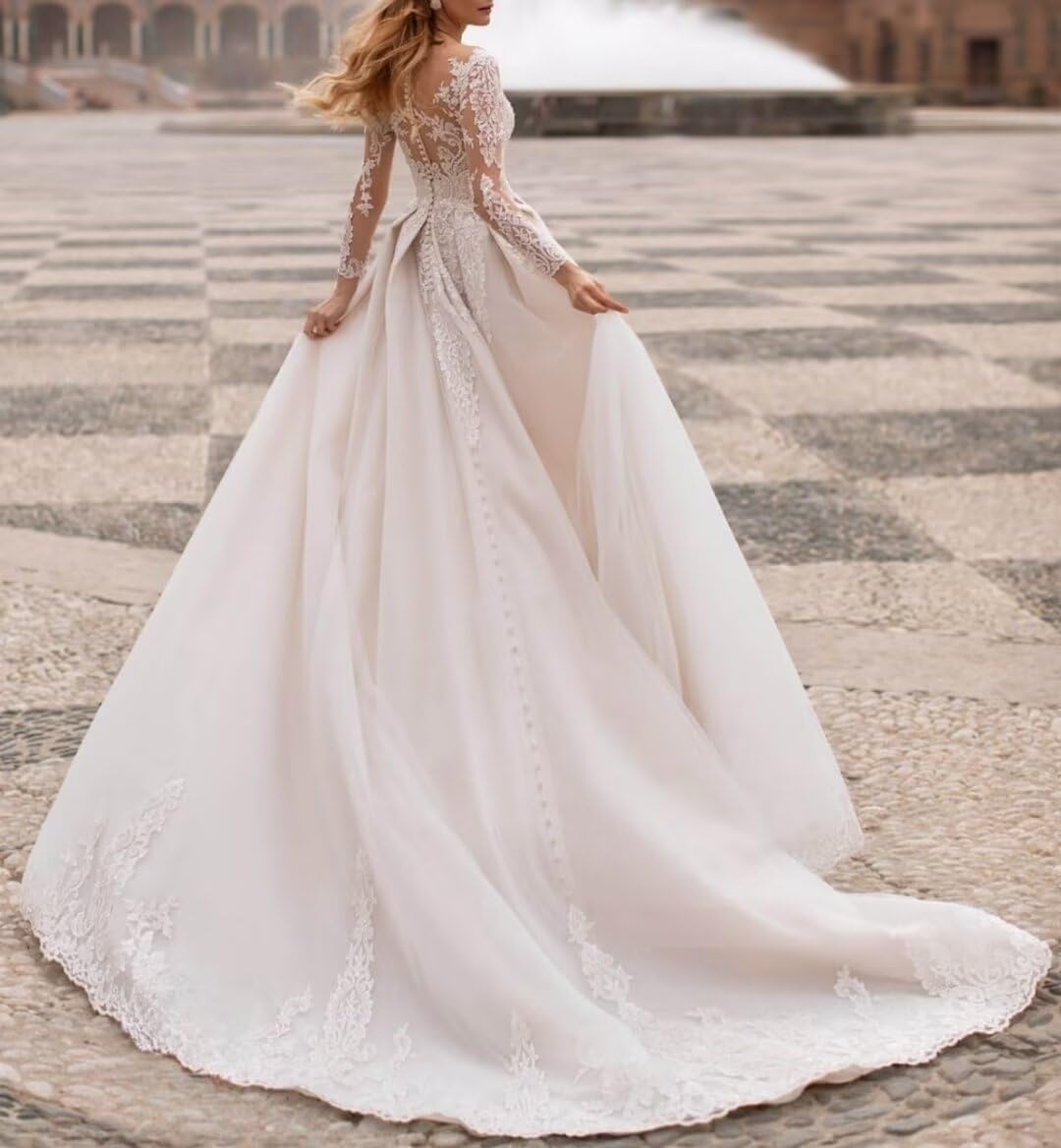 Zeeyecie Lace Long Sleeve Wedding Dresses Tulle A-Line Pleated Floor Length Long Bridal Gowns with Pockets 2025