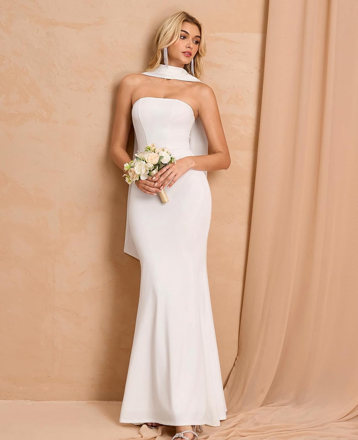 GLNEGE Womens Bodycon Formal Wedding Guest Maxi Dresses with Scarf Summer Strapless Elegant Cocktail Party Dress 2025