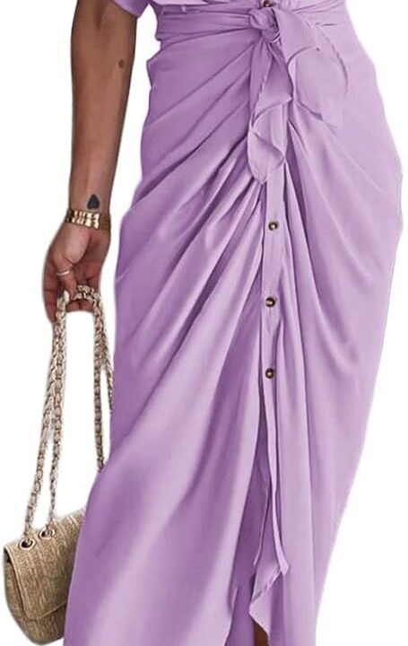 Women Elegant Satin Button Down Short Sleeve Maxi Shirt Dress with Belt