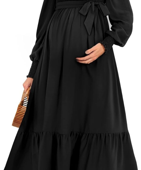 Maternity Dress for Baby Shower - 2025 Fall Spring Photoshoot Smocked Square Neck Pregnancy Wedding Guest Midi Dress