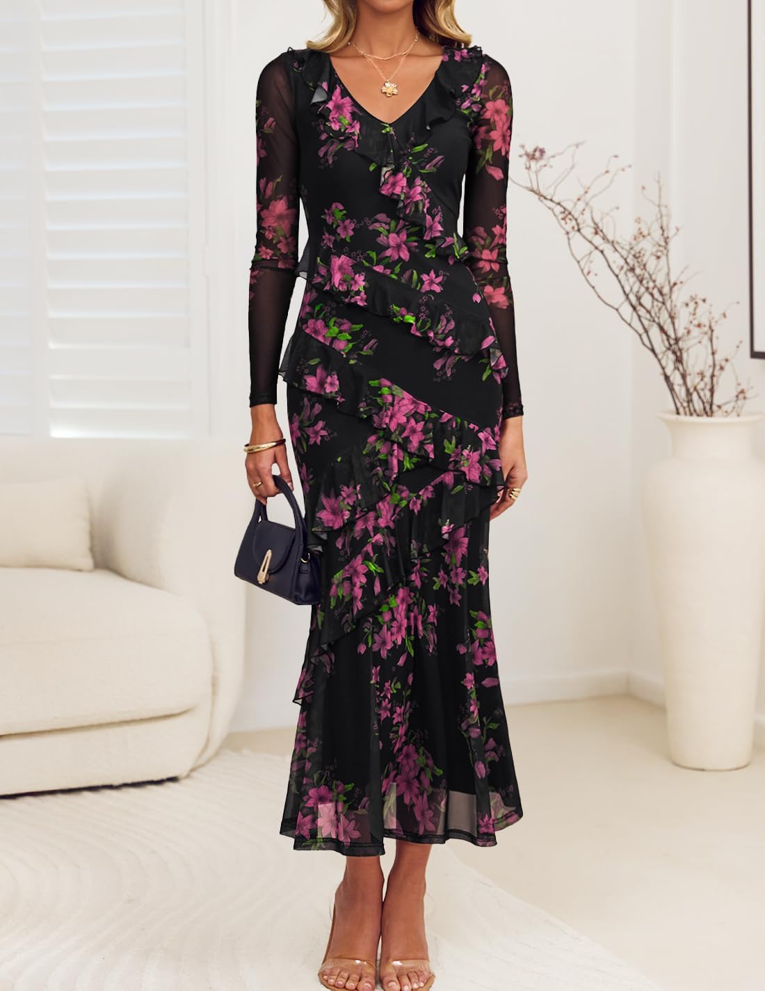 ZESICA Women’s Fall Floral Long Sleeve Maxi Dress 2025 Boho Bodycon V Neck Ruffle Wedding Party Long Dresses