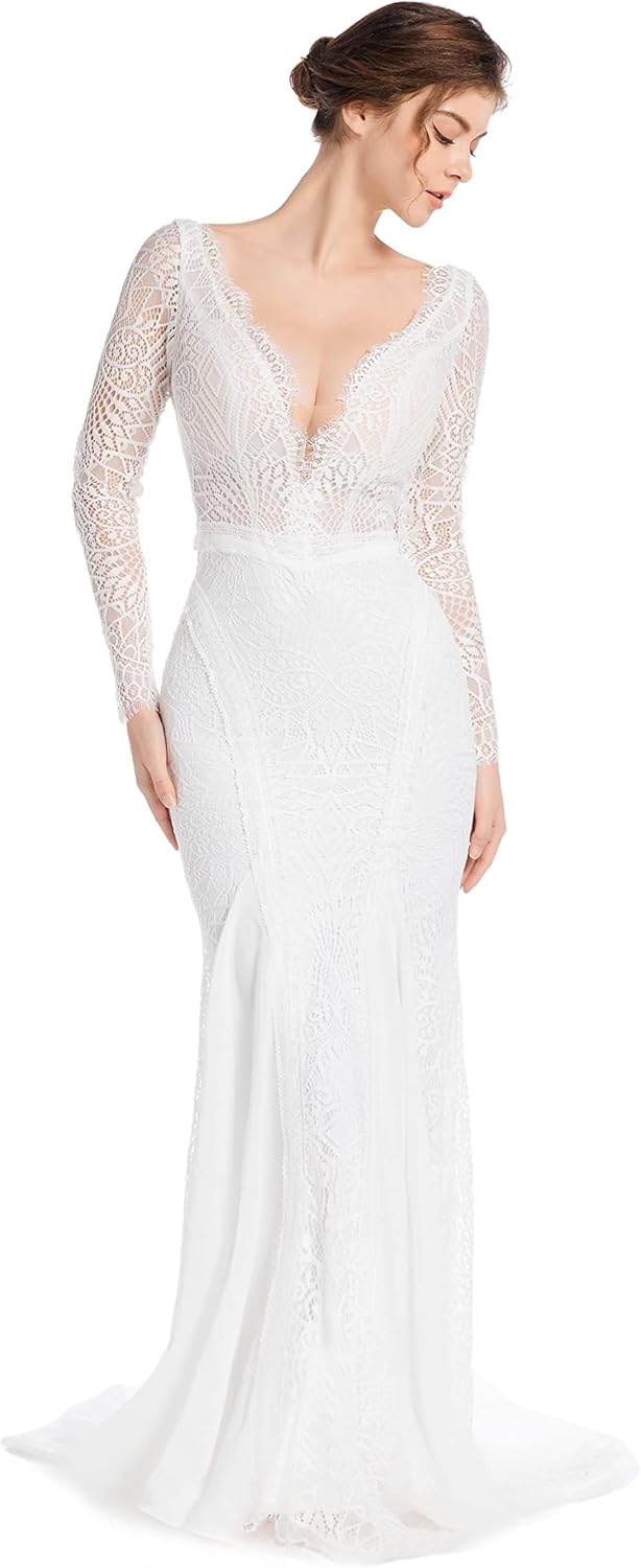 Mermaid Wedding Dresses for Bride Classy lace Boho Long Sleeve Open Back Bohemian Wedding Gowns