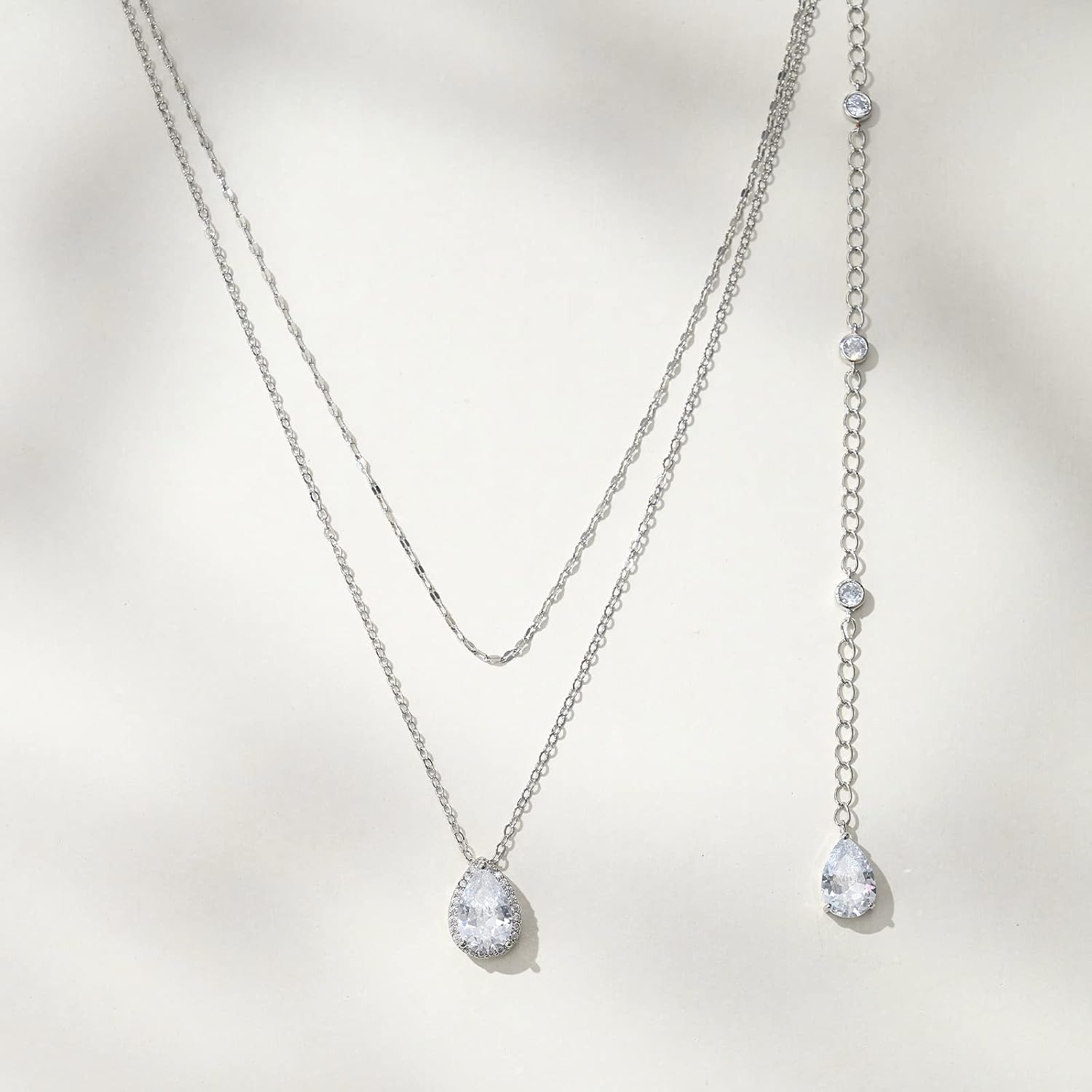 SWEETV Teardrop Wedding Back Necklace for Bride Bridesmaids, Cubic Zirconia Simple Back Pendant Bridal Necklace for Wedding Party