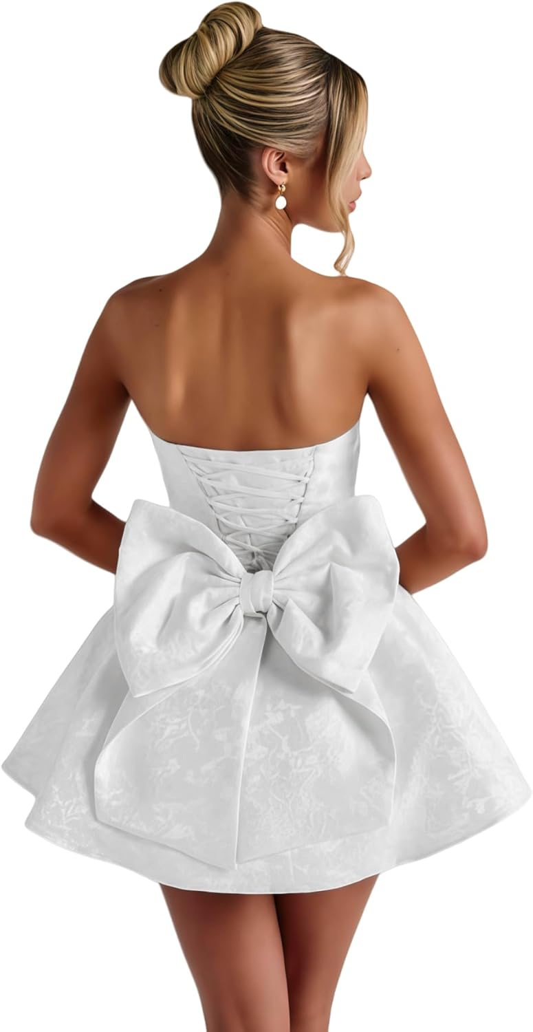 ZGMYC Jacquard Satin Homecoming Dress with Bow Elegant Strapless Mini Dress A Line Short Prom Dresses Party Gown