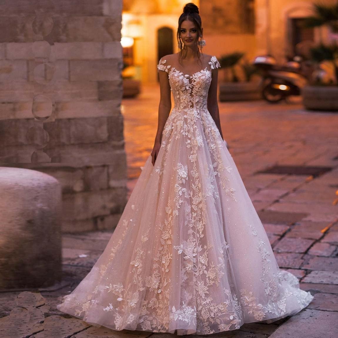 Zeeyecie V Back Wedding Dresses Sexy Elegant A-Line Glitter Lace Applique Floor Length Long Bridal Gown for Bride 2025