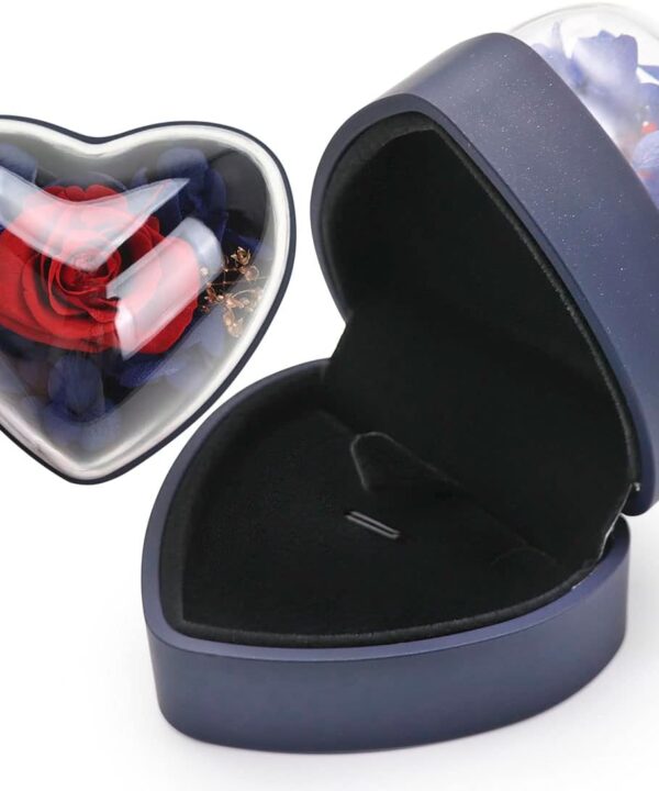 Preserved Flower Rose Pendant Box, Heart Shape Velvet Jewelry Box for Valentine's Day Mother's Day Wedding Anniversary Birthday Gift, Dark Blue
