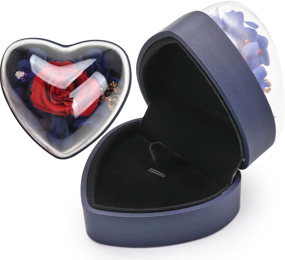Preserved Flower Rose Pendant Box, Heart Shape Velvet Jewelry Box for Valentine's Day Mother's Day Wedding Anniversary Birthday Gift, Dark Blue