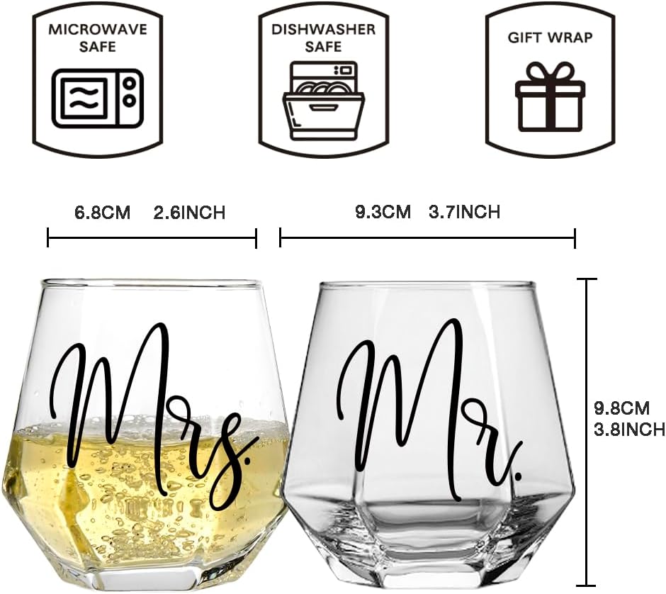 Mr Mrs Stemless Wine Glasses Gift Set 15oz, Couples Gifts for Bridal Shower Engagement Anniversary Wedding Shower Valentine’s Day Birthday Christmas, 1 Pack Reusable Burlap Wine Bag-38