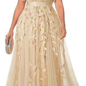 Pinup Fashion Plus Size Formal Dresses - Evening Gowns Wedding Sequin Embroidery V-Neck Prom Long Dress