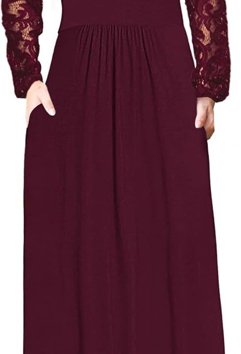 AUSELILY Womens Long Sleeve Maxi Dress 2025 Fall Lace Sleeve Dress V Neck Wrap Waist Long Dresses with Pockets
