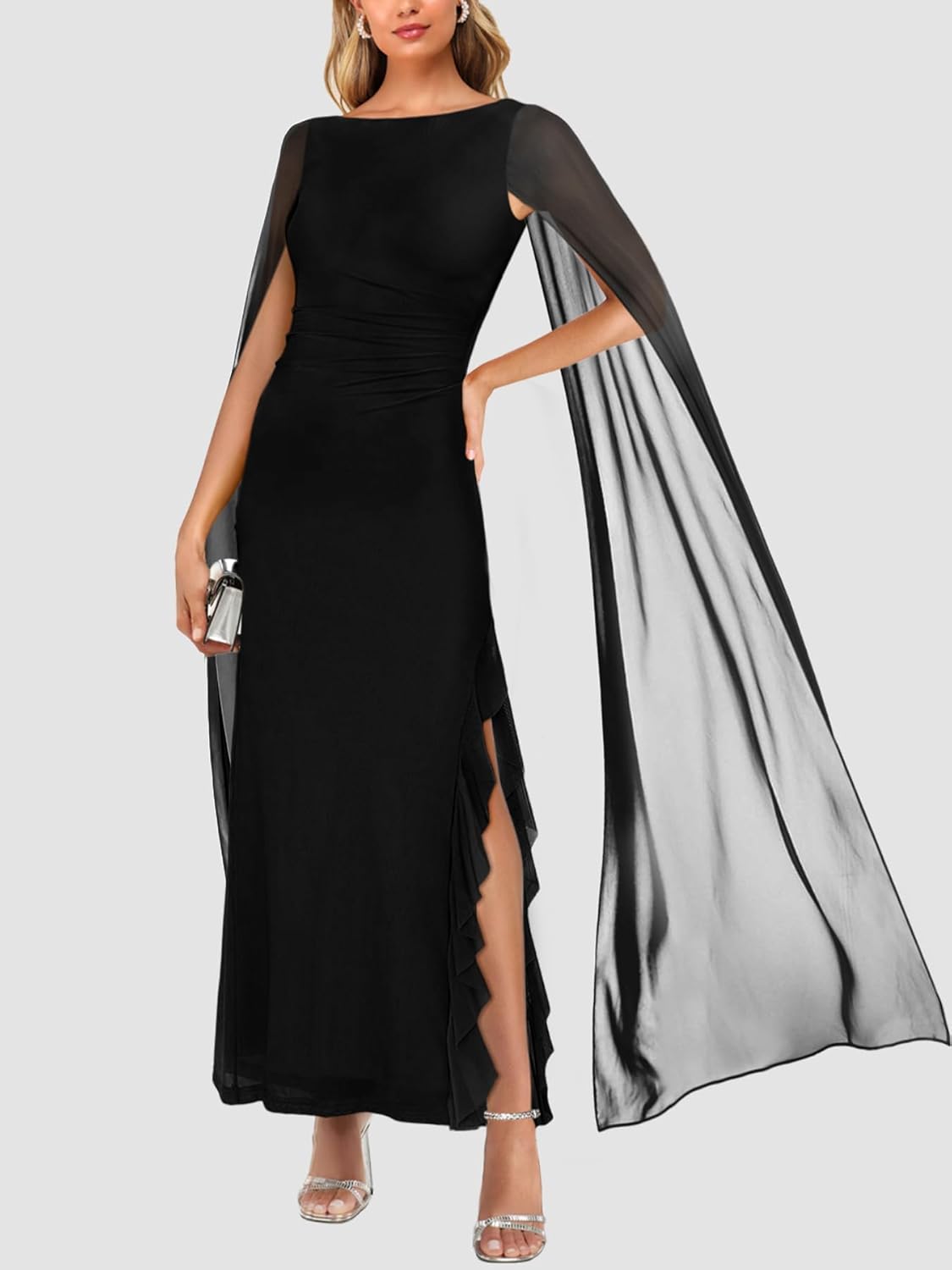 Lrady Womens Formal Evening Gowns High Split Ruffle Wedding Guest Cape Sleeve Cocktail Party Maxi Dresses