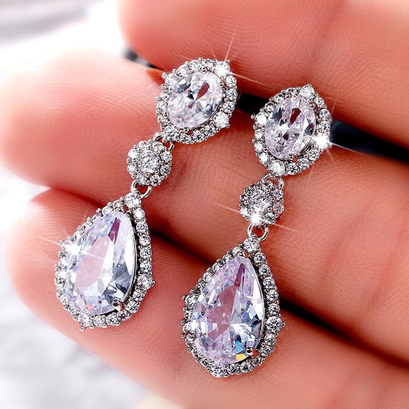 Wedding Earrings Teardrop Elegant Dangle Drop CZ Marquise Cubic Zirconia AAAAA 18K Gold Plated Rhinestone Luxurious for Brides Bridal Wedding Bridesmaid Prom Women Precious Crystal (Silver 9)