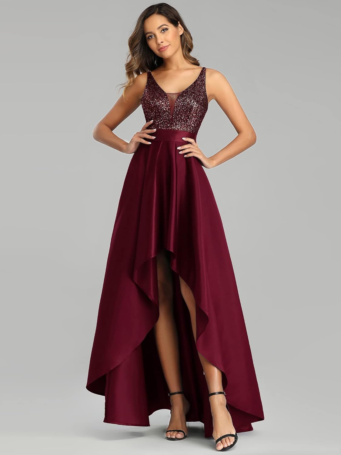 Ever-Pretty Womens Sexy V-Neck A-line High-Low Backless Sequin Wedding Guest Dress 00667