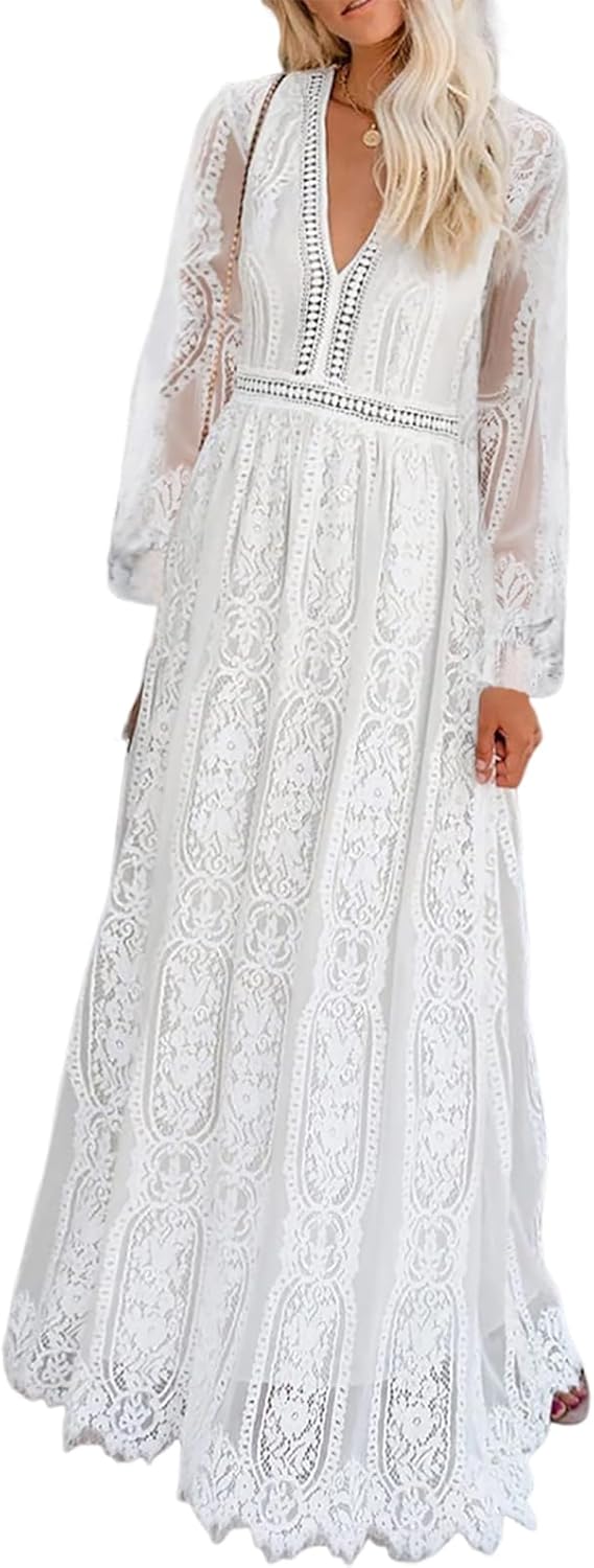 Cercis Womens Off The Shoulder Floral Lace Maxi Wedding Dress Boho Flowy Wedding Guest Formal Long Dresses