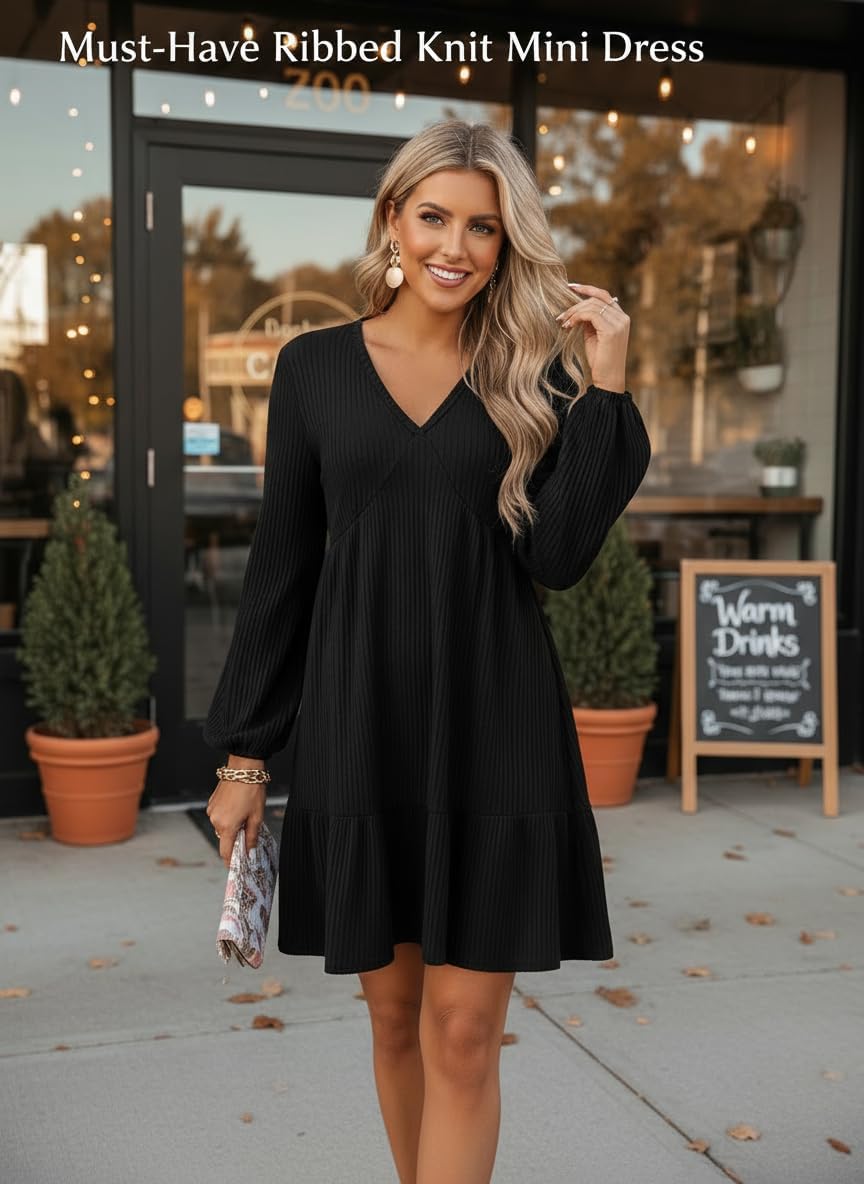 Dokotoo Fall Dresses for Women 2025 Long Sleeve V Neck Lightweight Ribbed Knit Empire Waist Casual A Line Swing Mini Dress