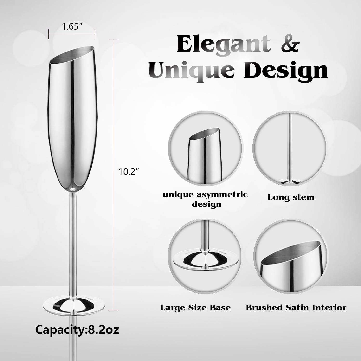 Silver Champagne Glasses Set of 2,8.2oz Stemmed Stainless Steel Unbreakable Champagne Flutes, Vintage Tall Metal Wine Glasses for Drinking Toasting Anniversary Wedding Christmas
