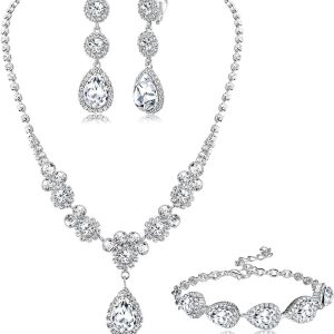 Jstyle Rhinestone Bridal Jewelry Set Necklace Bracelet Clip On Earrings for Brides Bridesmaid Cluster Crystal Teardrop Pendants Jewelry Set for Wedding Prom