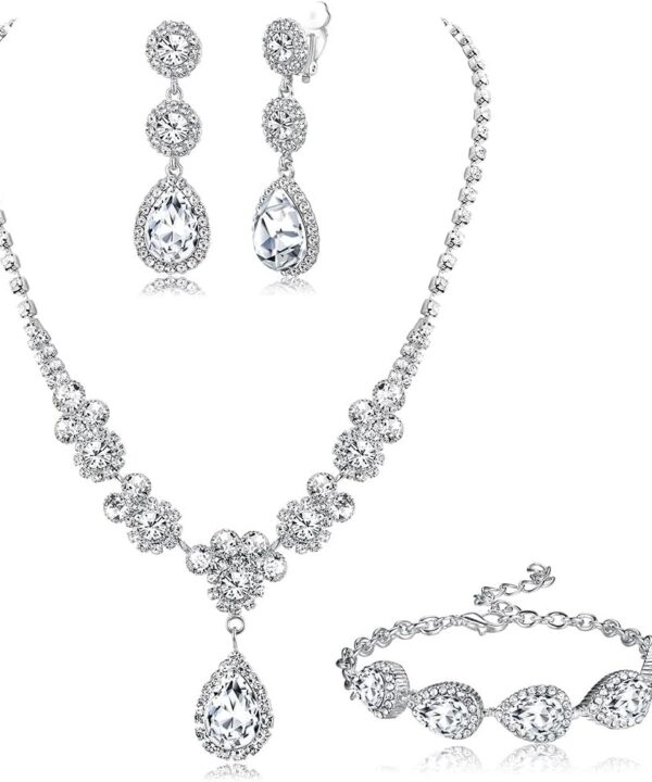 Jstyle Rhinestone Bridal Jewelry Set Necklace Bracelet Clip On Earrings for Brides Bridesmaid Cluster Crystal Teardrop Pendants Jewelry Set for Wedding Prom