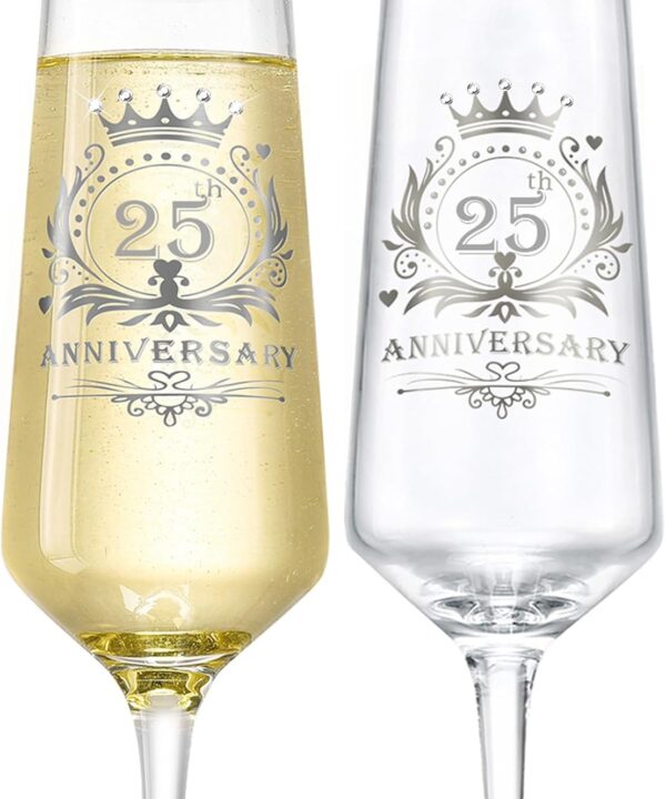 ROXBURGH 25th Wedding Anniversary Champagne Flutes Present Rhinestones Studded, 25th Anniversary Decorations 7 OZ Crystal Champagne Glasses Set of 2, Wedding Present, Couples