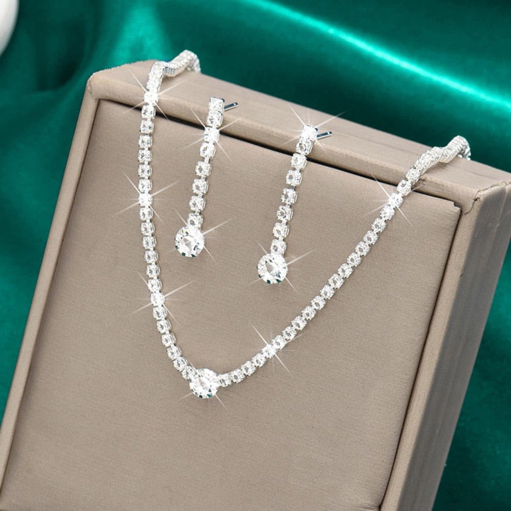 Unicra Silver Bridal Wedding Jewelry Set Rhinestone Necklace Earrings Sets Crystal Formal Costume Jewelry for Women and Brides