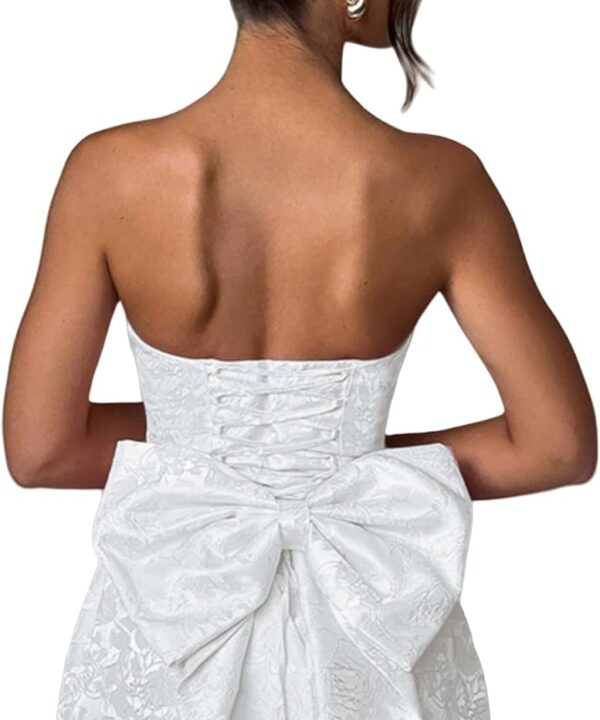 ZGMYC Jacquard Satin Homecoming Dress with Bow Elegant Strapless Mini Dress A Line Short Prom Dresses Party Gown