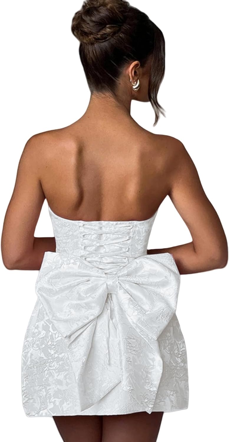 ZGMYC Jacquard Satin Homecoming Dress with Bow Elegant Strapless Mini Dress A Line Short Prom Dresses Party Gown