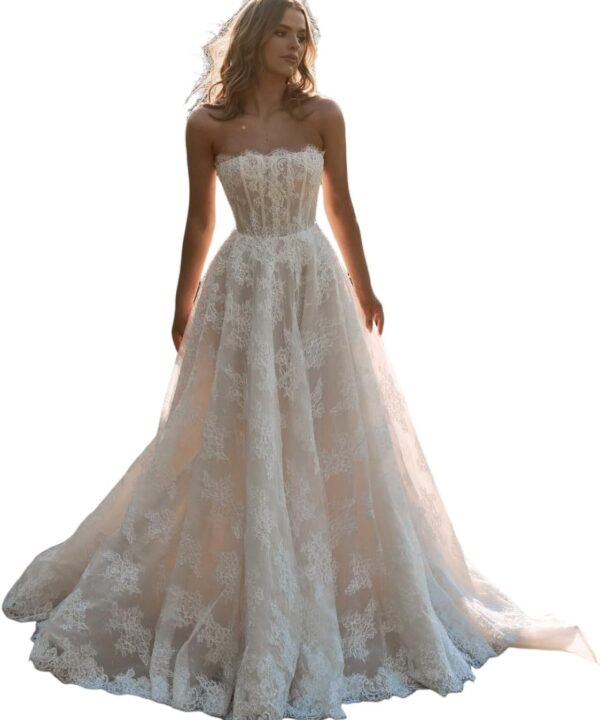 Lace Tulle Wedding Dresses for Bride 2025 Boho A-Line Bridal Dresses for Women Off Shoulder V Neck Wedding Gowns