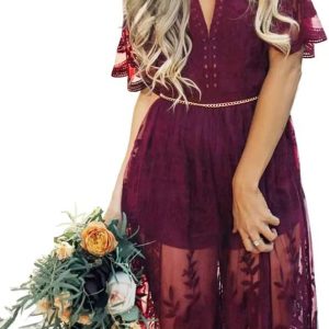 Eleter Women's Deep V-Neck Lace Romper Short Sleeve Long Dress