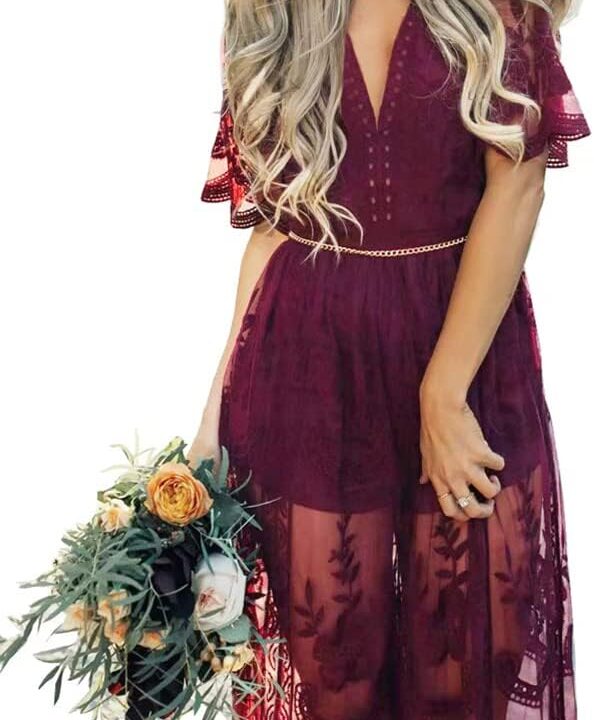 Eleter Women's Deep V-Neck Lace Romper Short Sleeve Long Dress