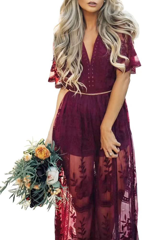 Eleter Women's Deep V-Neck Lace Romper Short Sleeve Long Dress