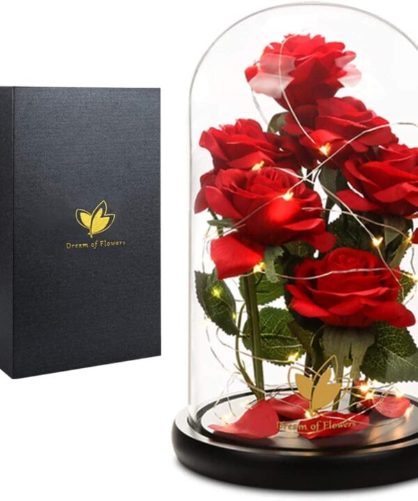 Christmas Rose Gifts for women,Beauty and The Beast Rose in Glass Dome with LED Light,Glass Rose Flower Gifts for Her,Christmas Birthday Gifts for Women Mom Wife Girlfriend Friend Forever Red Rose