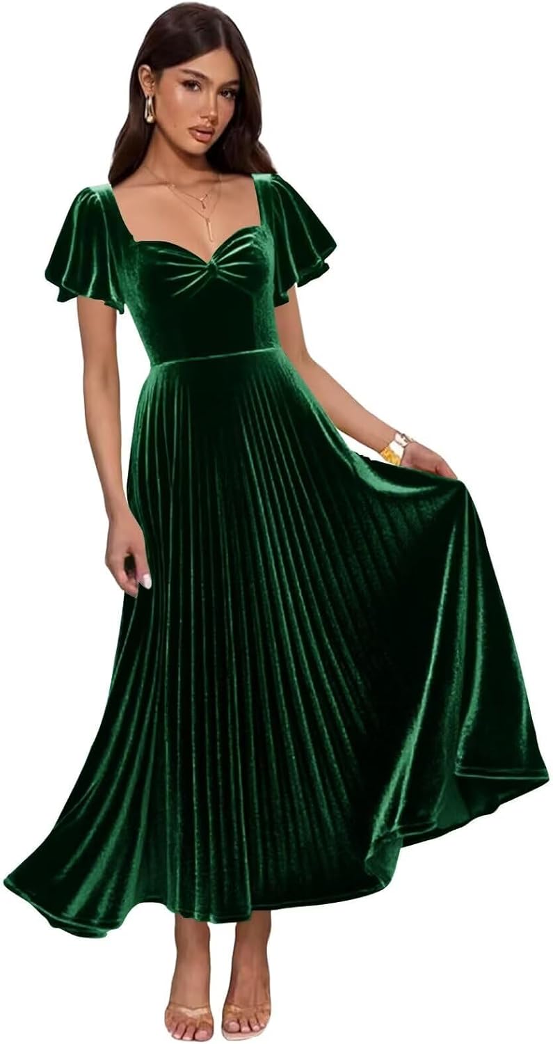 Flutter Sleeve Velvet Bridesmaid Dresses 2025 Pleated A Line Long Formal Evening Party Gowns
