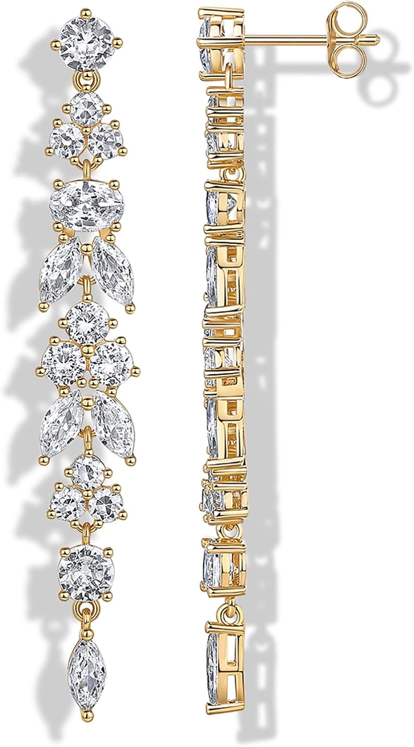 PAVOI 14K Gold Plated Cubic Zirconia Dangle Earrings for Women - Crystal Long Bridal Drop Earrings - Hypoallergenic Simulated Diamond Drop Dangle Wedding Jewelry for Brides and Bridesmaid