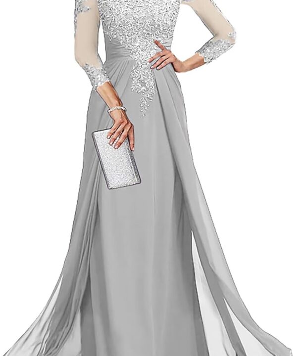 Long Sleeve Mother of The Bride Dresses for Wedding Lace Appliques Chiffon Formal Dress He6052