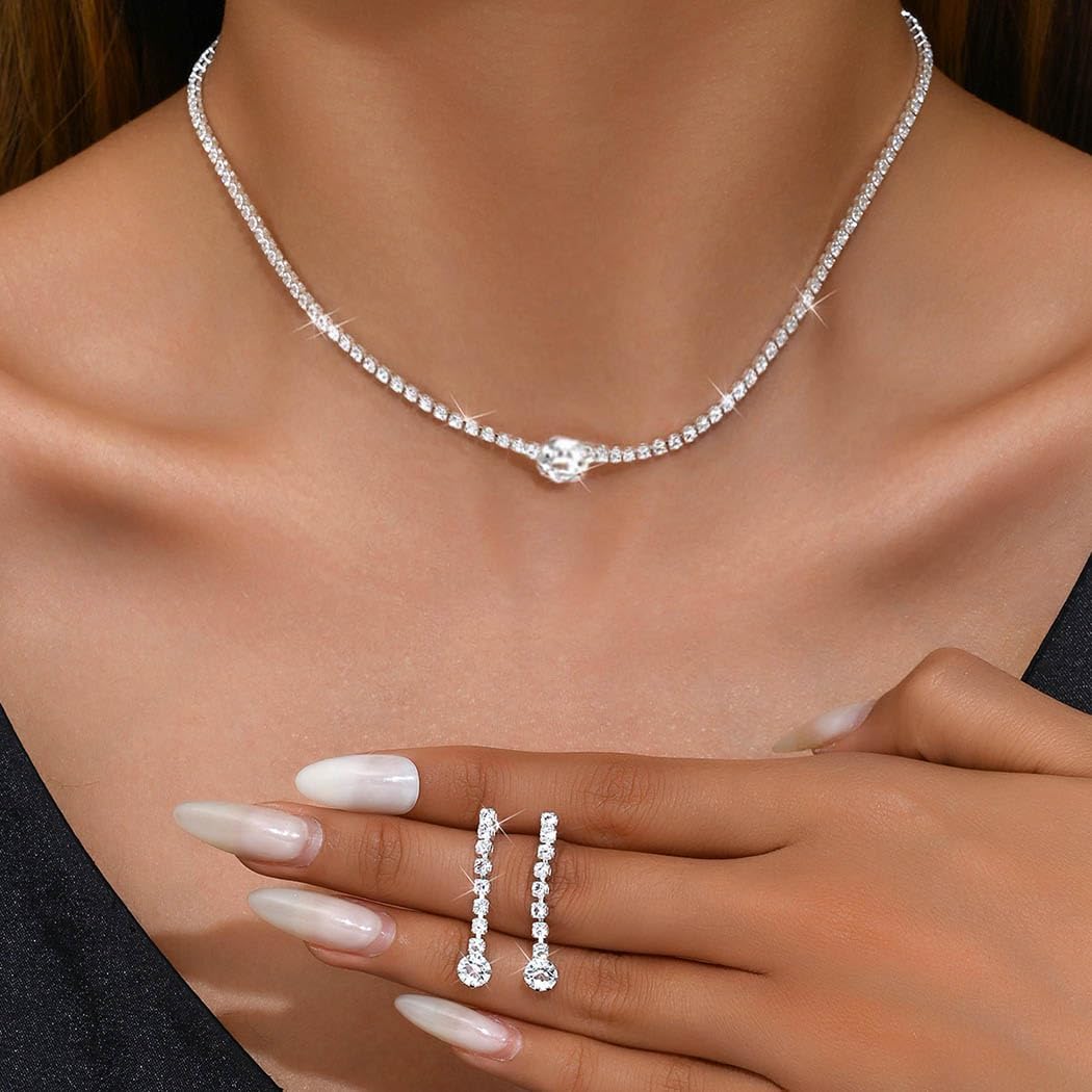 Unicra Silver Bridal Wedding Jewelry Set Rhinestone Necklace Earrings Sets Crystal Formal Costume Jewelry for Women and Brides