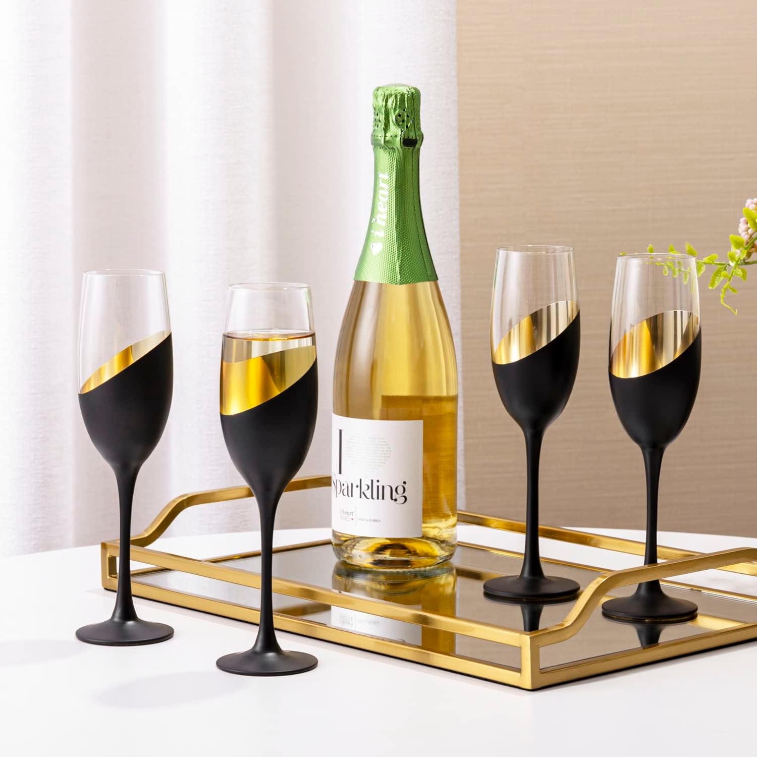 MyGift Modern Stemmed Champagne Flute Glasses Set of 6 with Matte Black and Gold Plated Design, Toasting Glass Party and Wedding Wine Glass, 8 oz