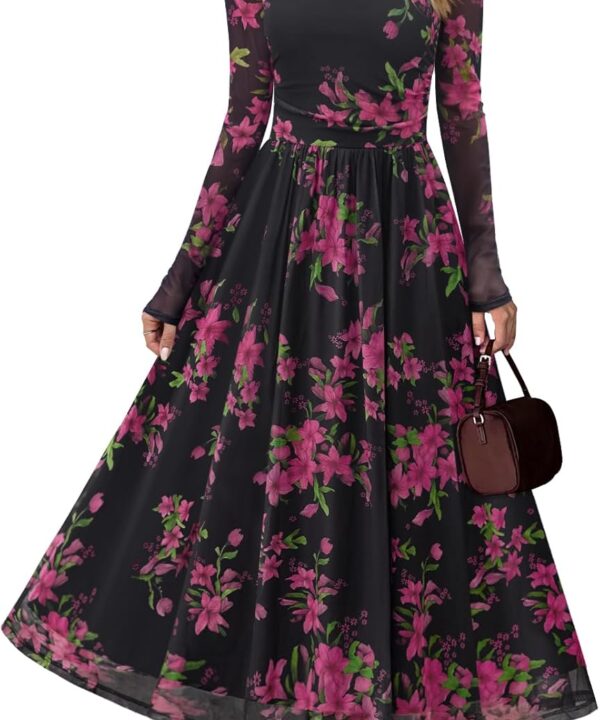 MEROKEETY Women's Long Sleeve Fall Wedding Guest Dress 2025 Crewneck Floral Flowy Mesh Cocktail Maxi Dresses