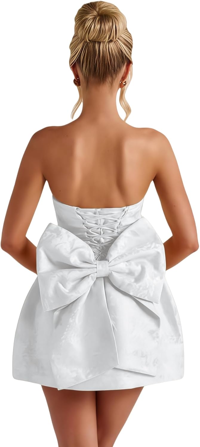 ZGMYC Jacquard Satin Homecoming Dress with Bow Elegant Strapless Mini Dress A Line Short Prom Dresses Party Gown