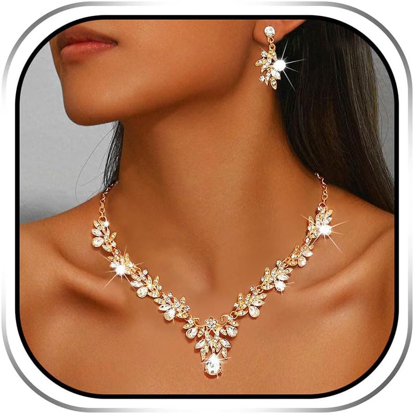 Sixexey Bridal Wedding Jewelry Set Gold Crystal Rhinestone Neck Jewelry Prom Costume Jewelry Necklace for Women